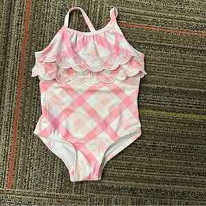 Crown & Ivy Pink Plaid Swimsuit - NWT - baby girls 18M - scallop edge ruffles
